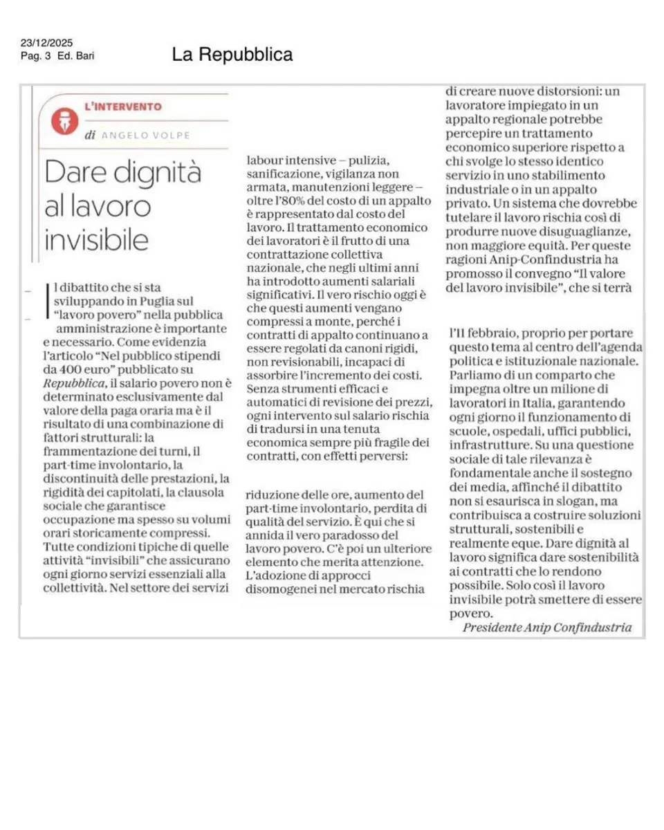 ANIP-voorzitter pleit in La Repubblica voor waardigheid van onzichtbaar werk